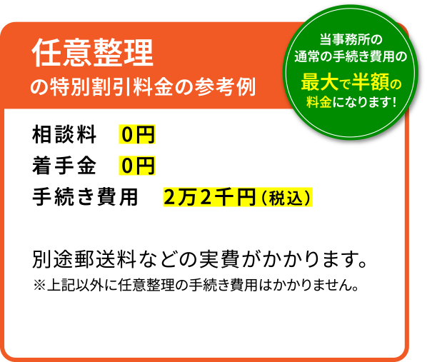 任意整理の特別割引料金の参考例、最大で半額の料金に！
