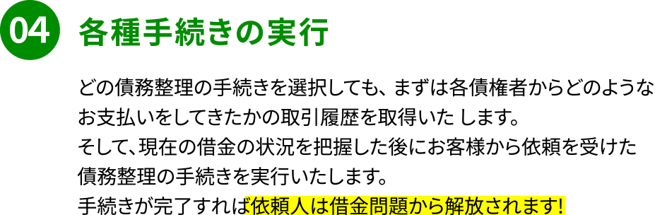 STEP04「各種手続きの実行」どの債務整理の手続きを選択しても、 まずは各債権者からどのようなお支払いをしてきたかの取引履歴を取得いた します。そして、現在の借金の状況を把握した後にお客様から依頼を受けた債務整理の手続きを実行いたします。 手続きが完了すれば依頼人は借金問題から解放されます!